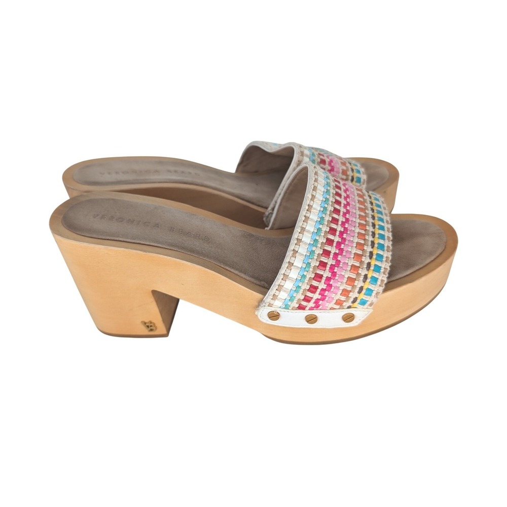 Veronica Beard Hannalee Woven Clog Mule Women 9.5M Snow Multi Rainbow Wood Heel - Picture 3 of 13